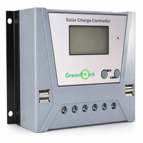 Controlador de carga solar PWM 30A GreenPoint para regulación de energía en sistemas fotovoltaicos con paneles solares y baterías