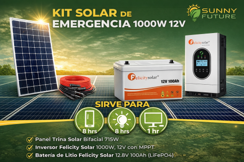 Kit solar de emergencia 1000W 12V con panel Trina Solar 715W bifacial, batería de litio Felicity Solar 12.8V 100Ah e inversor cargador 1000W con MPPT integrado, sistema solar off grid ideal para finca, respaldo de nevera, iluminación y equipos básicos