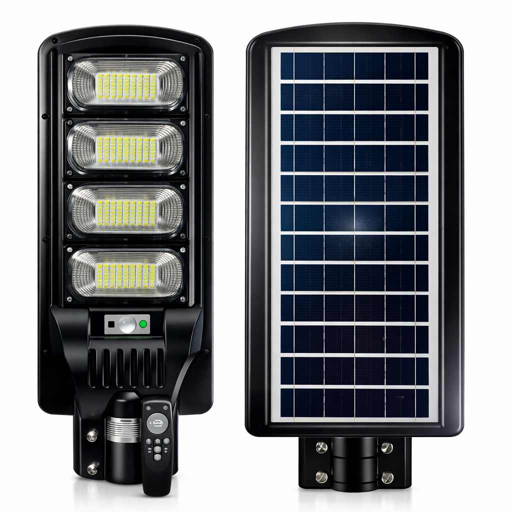 Lámpara solar LED 200W tipo farola con panel solar integrado y control remoto para iluminación exterior en calles, patios y jardines.
